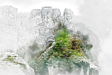 Bastei rock formation in Saxon Switzerland, Germany. Digital watercolour.