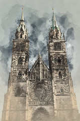 Fototapeta na wymiar Cathedral of St. Lorenz in Nuremberg, Germany. Digital art