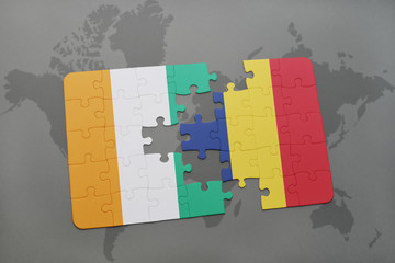 puzzle with the national flag of cote divoire and chad on a world map