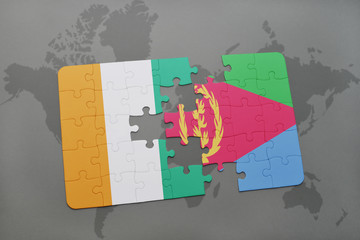 puzzle with the national flag of cote divoire and eritrea on a world map