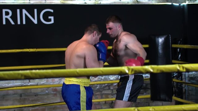 Boxer makes duck defense and knockout punch opponent HD slow motion video. Boxing fight ending: fighter blows to head, falls down in ring