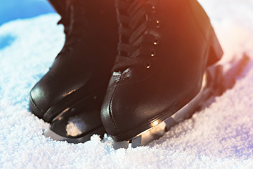 black figure skates lying in the snow and bright sun