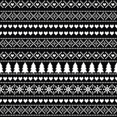 Black and white seamless Christmas pattern, card - Scandinavian sweater style. Simple Christmas background - Xmas trees, hearts and snowflakes. Cute vector design for winter holidays. - 129723443