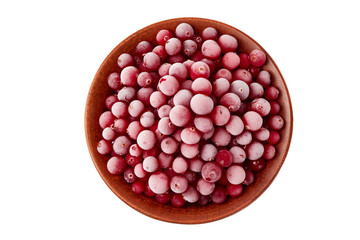 Bowl of frozen cranberries on white