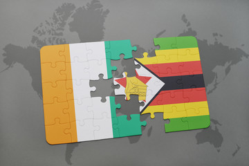 puzzle with the national flag of cote divoire and zimbabwe on a world map