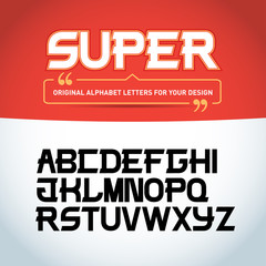 'Super letters' isolated on black background. Modern font. Latin alphabet letters. Alphabet. Modern geometric font for advertising, title or logo design. Vector Illustration.