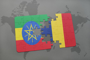 puzzle with the national flag of ethiopia and chad on a world map