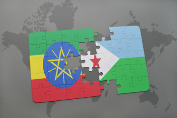 puzzle with the national flag of ethiopia and djibouti on a world map