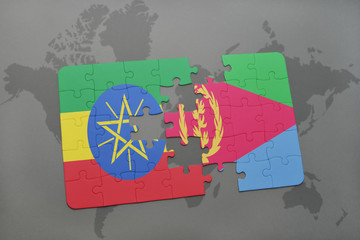 puzzle with the national flag of ethiopia and eritrea on a world map