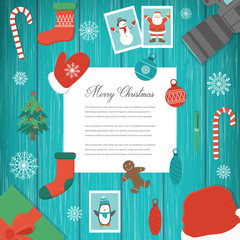 Christmas greeting card with snowlakes and decoration elements. Holidays background. Vector