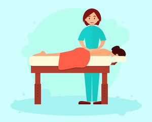 Woman doing massage to the client on a professional table. Vector illustration