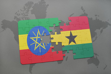 puzzle with the national flag of ethiopia and ghana on a world map
