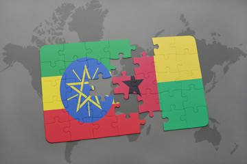 puzzle with the national flag of ethiopia and guinea bissau on a world map