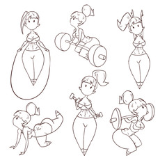 Line drawing vector illustration of a cute cartoon fitness girl training in the gym