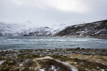 Fototapeta na wymiar view of a Fjord in the winter wind, Elvfjorden Nordland Norway