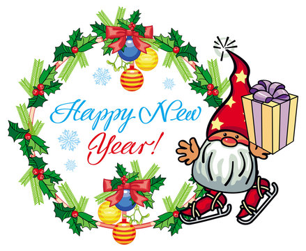Holiday label with funny gnome  and greeting text "Happy New Year!"