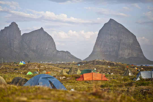 Traena, Norway - July 12 2014: at the Traenafestival, music festival taking  place on the small island of Traena, general view over the island and the  campsite Stock Photo | Adobe Stock