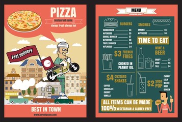 Brochure or poster Restaurant fast foods pizza menu with people - 129729621