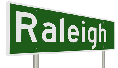 A 3d rendering of a green highway sign for Raleigh, North Carolina
