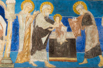 Romanesque fresco of the presentation in the temple