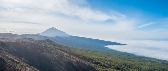 Forest, mountain landscape - blue sky and clouds