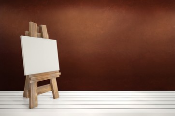 3d blank canvas with small easel on white table