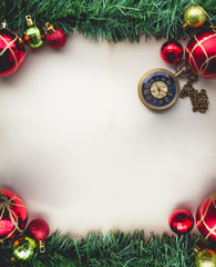 Christmas Green Grass and Pocket Watch on Blank Space of Old Pap