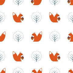 Squirrel with acorn and decorative tree seamless pattern on white background. Cute cartoon animal illustration. Design for fabric, textile, decor. - 129732436