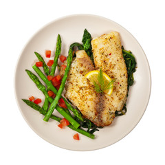 Baked Whitefish Tilapia Fish Fillet Isolated on White. Selective focus.
