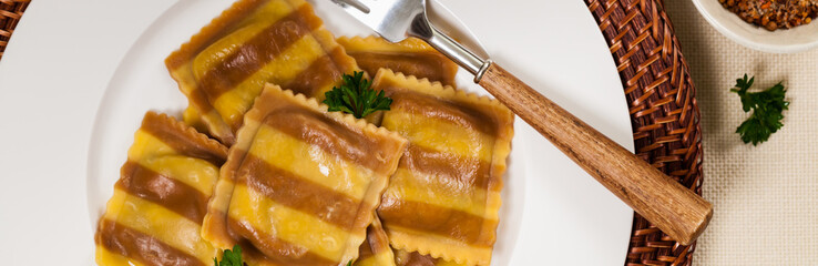 Portabella Mushroom Cheese Ravioli. Selective and soft focus.