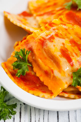 Roasted Bell Pepper Ravioli. Selective focus.