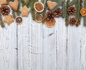 Christmas decoration on old grunge wooden board