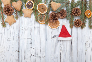 Christmas decoration on old grunge wooden board
