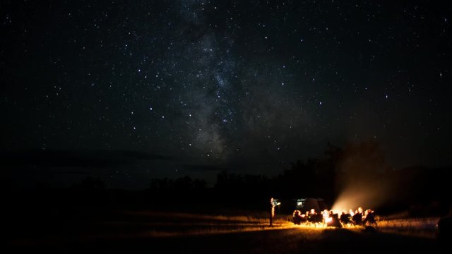 Timelapse of group around campfire while milky way passes overhead