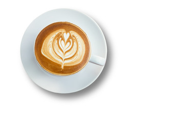 A cup of coffee with latte art on white background
