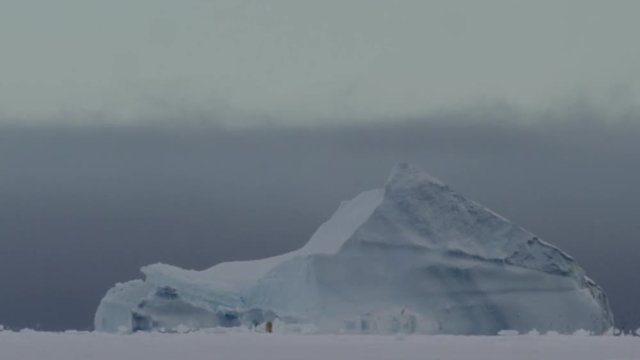 Polar bear walks around massive mountain of ice on cloudy