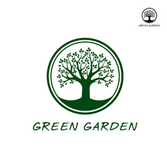 Green vector tree in border. Graphic element.