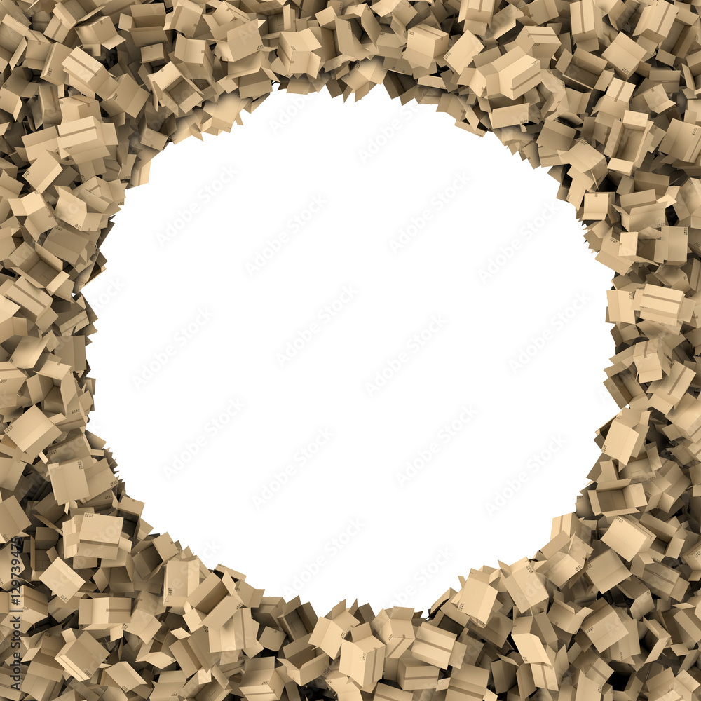 Poster rendering round frame made of light beige cardboard mail boxes lying at the edges with white empty s