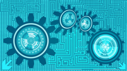 Abstract futuristic technology background with gears of blue, teal and white shades. Digital technology and engineering concept design