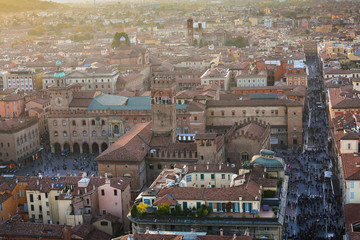 street with people and piazza maggiore in Bologna