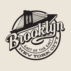 Brooklyn New York City vintage typography t-shirt,  poster, printing design. Brooklyn Bridge. - obrazy, fototapety, plakaty