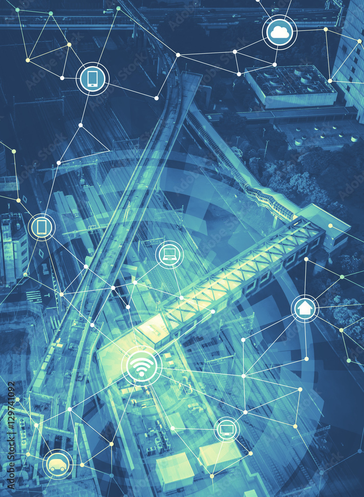 Aufkleber duotone graphic of smart transportation and wireless communication network, internet of things, abst