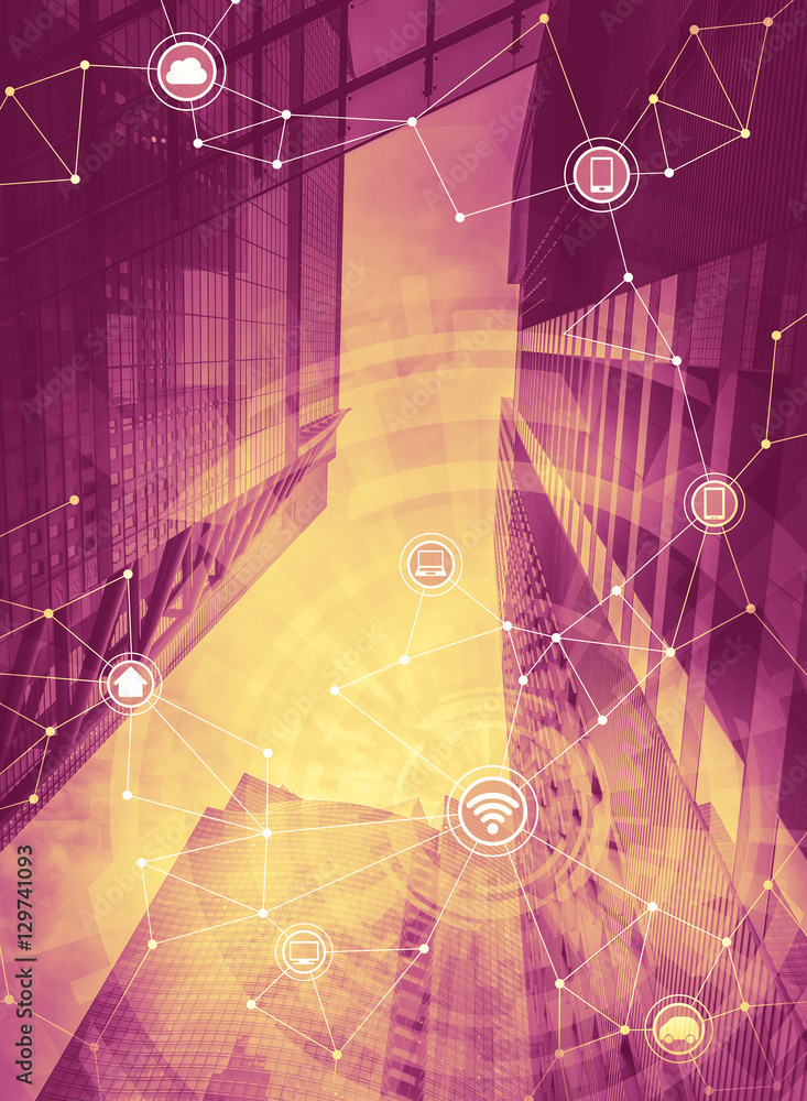 Aufkleber duo tone graphic of smart building and wireless communication network, internet of things, abstract 