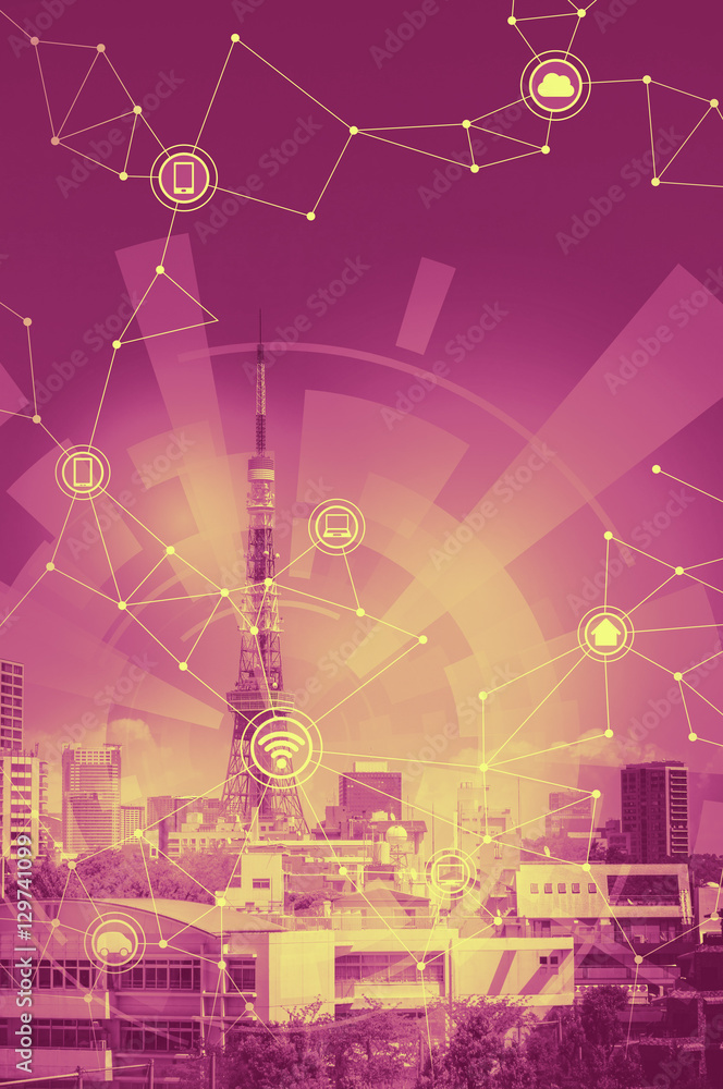 Poster duo tone graphic of smart city and wireless communication network, internet of things, abstract imag
