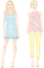 two fashion girl in pastel outfits