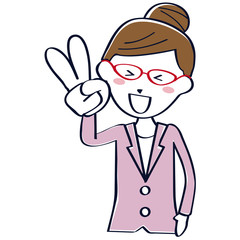 線画の淡いスーツのキャリアウーマン　赤いめがね　上半身　Vサイン