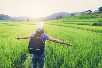 Woman traveler looking at green rice terraces field