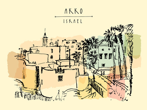 Panorama of Akko, Israel. Vintage artistic hand drawn postcard