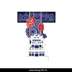 Vector of Oriental style alphabet tape T with Traditional Chinese motif