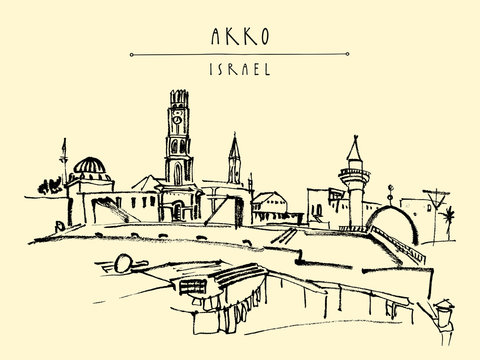 Akko, Israel skyline with towers and temples.  Brush ink hand drawing . Vintage travel postcard